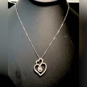 925 Sterling Silver Real White Diamond Double Heart Slide Pendant. 18 Inch, 3.3g